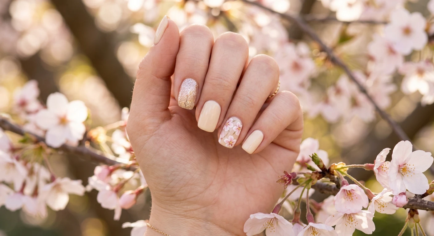 A beautiful macro photograph of one hand showing a floral spring nail design in detail. Short squoval shaped nails. The primary base is a soft, warm cream color. The index finger features a solid champagne-gold fine glitter polish. The ring finger showcases three delicate, hand-painted cherry blossom flowers using soft pink and white polish over the creamy base. High-resolution, sharp focus on the nails. Aesthetic background of warm sunlight and blurred spring cherry blossom branches. Modern, Instagram-worthy photography style. No faces visible, focus ONLY on the nails and hand., macro nail photography, high quality, Instagram-worthy, clean composition