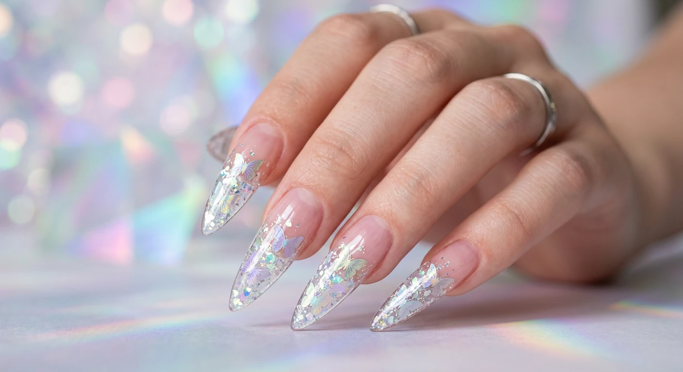 A beautiful macro photograph of one hand showing a nail design in detail, featuring an ultra-sheer, translucent pink jelly base mimicking clear glass on long stiletto nails. Encapsulated within the clear tips are delicate, holographic silver butterfly decals shifting from lavender to pale green, surrounded by flecks of iridescent crushed mylar and fine silver glitter. High-resolution, sharp focus on the nails. Aesthetic background of ethereal light prisms and soft, iridescent bokeh. Modern, Instagram-worthy photography style. No faces visible, focus ONLY on the nails and hand., macro nail photography, high quality, Instagram-worthy, clean composition