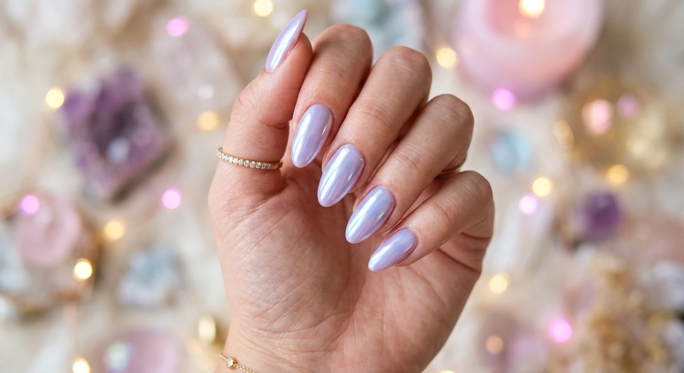A beautiful macro photograph of one hand showing a lavender chrome glazed donut nail design in detail, featuring a glowing, iridescent light lavender polish with a highly reflective pearlescent chrome finish. High-resolution, sharp focus on the nails catching the light. Aesthetic background featuring slightly out-of-focus pastel crystals and soft glowing bokeh. Modern, Instagram-worthy photography style, glossy and luminous. No faces visible, focus ONLY on the nails and hand., macro nail photography, high quality, Instagram-worthy, clean composition