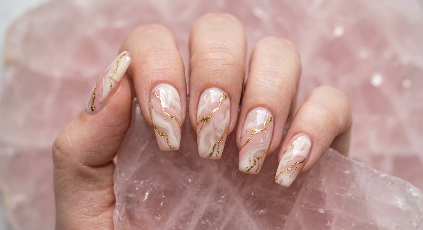 A beautiful macro photograph of one hand showing a nail design in detail, featuring medium coffin-shaped nails with a fluid, swirled marble pattern using semi-sheer milky cream and soft blush pink polishes. Thin, delicate, jagged veins of bright gold foil run organically through the intersections of the swirls, mimicking the natural faults of a crystal. High-resolution, sharp focus on the nails, set against an aesthetic background of a smooth rose-quartz crystal slab. Modern, Instagram-worthy photography style. No faces visible, focus ONLY on the nails and hand., macro nail photography, high quality, Instagram-worthy, clean composition