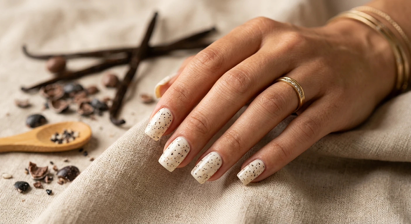 A beautiful macro photograph of one hand showing a creamy vanilla off-white nail design covered in fine, crunchy-looking black and brown speckles. High-resolution, sharp focus on the pristine square nails. The aesthetic background features scattered vanilla beans, crushed candy shells, and soft beige linen fabric. Modern, Instagram-worthy photography style, warm diffused lighting. No faces visible, focus ONLY on the nails and hand., macro nail photography, high quality, Instagram-worthy, clean composition