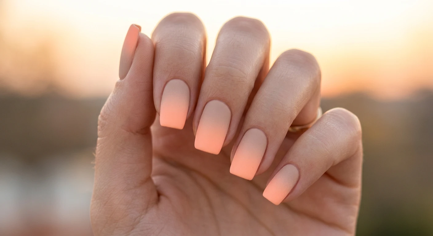 A beautiful macro photograph of one hand showing a nail design in detail, featuring a flawless gradient transitioning from a soft, sandy beige at the nail bed into a vibrant, creamy pastel peach at the tips. The nails are a classic soft square shape with a completely seamless blend and a soft velvet-matte top coat. High-resolution, sharp focus on the nails. Aesthetic background of warm, blurred sunset lighting with subtle pastel peach hues. Modern, Instagram-worthy photography style. No faces visible, focus ONLY on the nails and hand., macro nail photography, high quality, Instagram-worthy, clean composition