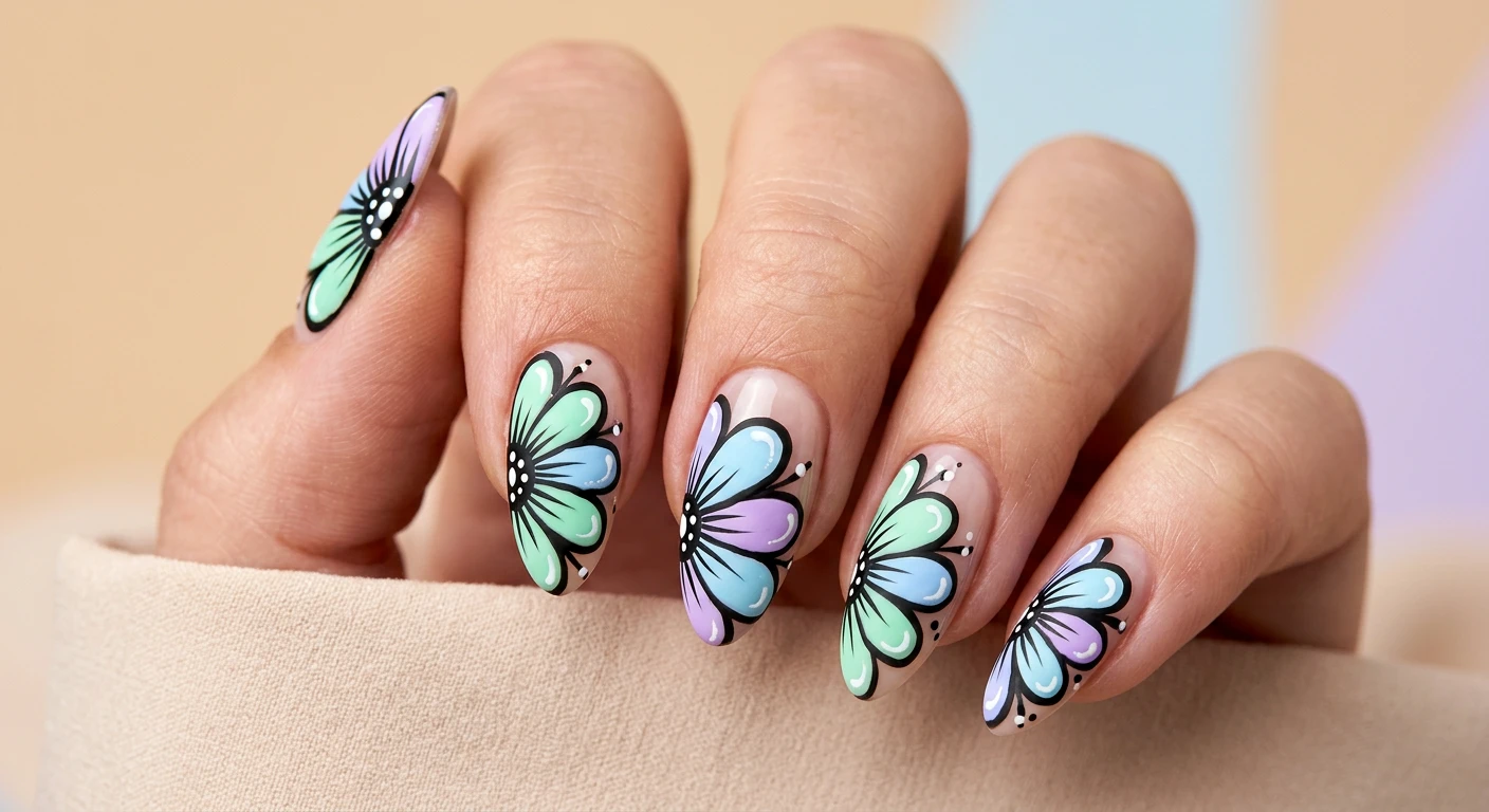 A beautiful macro photograph of one hand showing a nail design in detail, featuring almond-shaped nails with a solid beige background. Each nail is decorated with an oversized, pop-art style half-flower emerging from the edge, featuring opaque petals in mint green, baby blue, and lavender, thickly outlined in stark black with tiny white highlight details. High-resolution, sharp focus on the nails. Modern, Instagram-worthy photography style against an aesthetic soft pastel studio background. No faces visible, focus ONLY on the nails and hand., macro nail photography, high quality, Instagram-worthy, clean composition