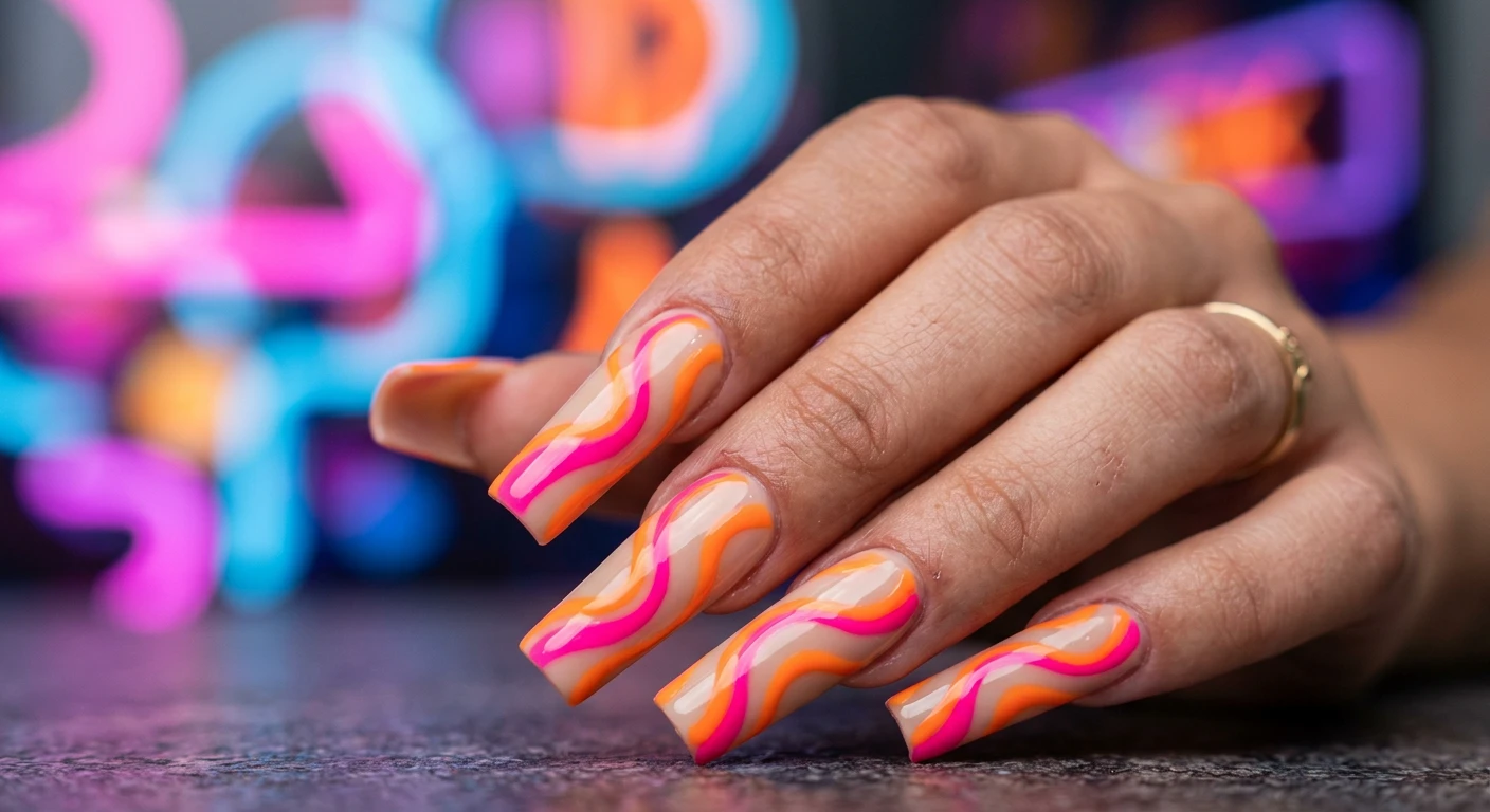 A beautiful macro photograph of one hand showing a detailed nail design, high-resolution and sharp focus on long, sharp square shaped nails. The base is a flawless opaque beige featuring bold, thick swirls of highlighter neon pink and electric tangerine orange that deeply curve and overlap in a psychedelic lava lamp pattern. Modern, Instagram-worthy photography style. Aesthetic background featuring vibrant, blurred retro Y2K neon lights. No faces visible, focus ONLY on the nails and hand., macro nail photography, high quality, Instagram-worthy, clean composition