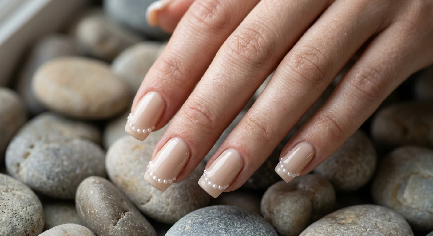 A beautiful macro photograph of one hand showing a nail design in detail, featuring medium-length square nails with rounded edges in a soft sand-colored base. The French smile line is delicately traced with a row of microscopic white pearls under a high-gloss top coat, creating a contrast with the cream base. High-resolution, sharp focus on the nails, set against an aesthetic background of smooth, neutral-toned stones. Modern, Instagram-worthy photography style, no faces visible, focus ONLY on the nails and hand., macro nail photography, high quality, Instagram-worthy, clean composition