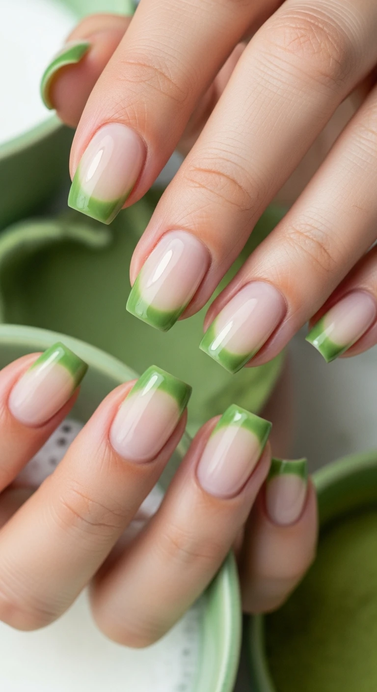 A beautiful macro photograph of one hand showing a Matcha Latte Sheer Squish nail design in detail. The nails feature a short soft-squoval shape with a translucent soft green base in a milky matcha shade. There is a very subtle gradient effect where the tips are a slightly more opaque green, softly fading into a sheer cream near the cuticles, all locked under an ultra-glossy, squishy finish. High-resolution, sharp focus on the nails. Aesthetic background with soft green ceramic textures and subtle hints of frothy milk or matcha powder. Modern, Instagram-worthy photography style. No faces visible, focus ONLY on the nails and hand., macro nail photography, high quality, Instagram-worthy, clean composition