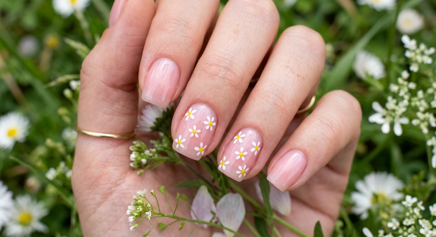 A beautiful macro photograph of one hand showing a nail design in detail, featuring a translucent, jelly-like bubble bath pink base decorated with tiny, minimalist hand-painted white daisy flowers with bright yellow centers organically scattered across the ring and middle fingers. Styled on a short, clean, soft square nail shape with a high-shine top coat. High-resolution, sharp focus on the nails. Aesthetic background of softly blurred spring meadow greens and delicate white petals. Modern, Instagram-worthy photography style. No faces visible, focus ONLY on the nails and hand., macro nail photography, high quality, Instagram-worthy, clean composition