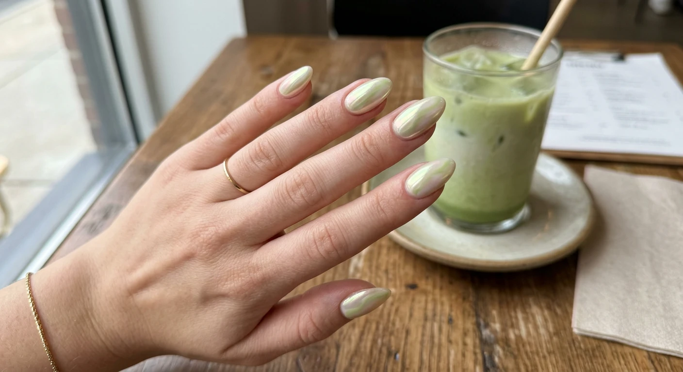 A beautiful macro photograph of one hand showing a Glazed Matcha Latte Chrome nail design in detail. The nails have a solid, milky cream base blended with a drop of soft pastel green, finished with a flawless, streak-free, full-coverage application of fine, iridescent pearlescent chrome powder. High-resolution, sharp focus on the nails. Aesthetic background of a cozy modern cafe table with a softly blurred iced matcha drink. Modern, Instagram-worthy photography style. No faces visible, focus ONLY on the nails and hand., macro nail photography, high quality, Instagram-worthy, clean composition