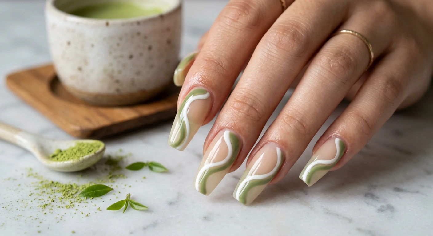 A beautiful macro photograph of one hand showing a nail design in detail, featuring medium-length coffin-shaped nails. The design showcases a highly translucent, sheer beige base with thick, sweeping, abstract swirls of muted matcha green and bright opaque white curving organically from the cuticle down to the tip, perfectly balancing negative space. Aesthetic background featuring an artisan ceramic cup and a soft dusting of green matcha powder on light marble. High-resolution, sharp focus on the nails, modern Instagram-worthy photography style. No faces visible, focus ONLY on the nails and hand., macro nail photography, high quality, Instagram-worthy, clean composition