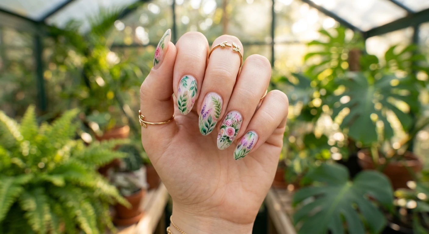A beautiful macro photograph of one hand showing a whimsical nail design in detail, featuring a watercolor botanical gardens theme with translucent washes of emerald green leaves and soft blooming pink and purple flowers blending seamlessly on a sheer base. High-resolution, sharp focus on the nails. Aesthetic background of blurred, sunlit greenhouse foliage. Modern, Instagram-worthy photography style. No faces visible, focus ONLY on the nails and hand., macro nail photography, high quality, Instagram-worthy, clean composition