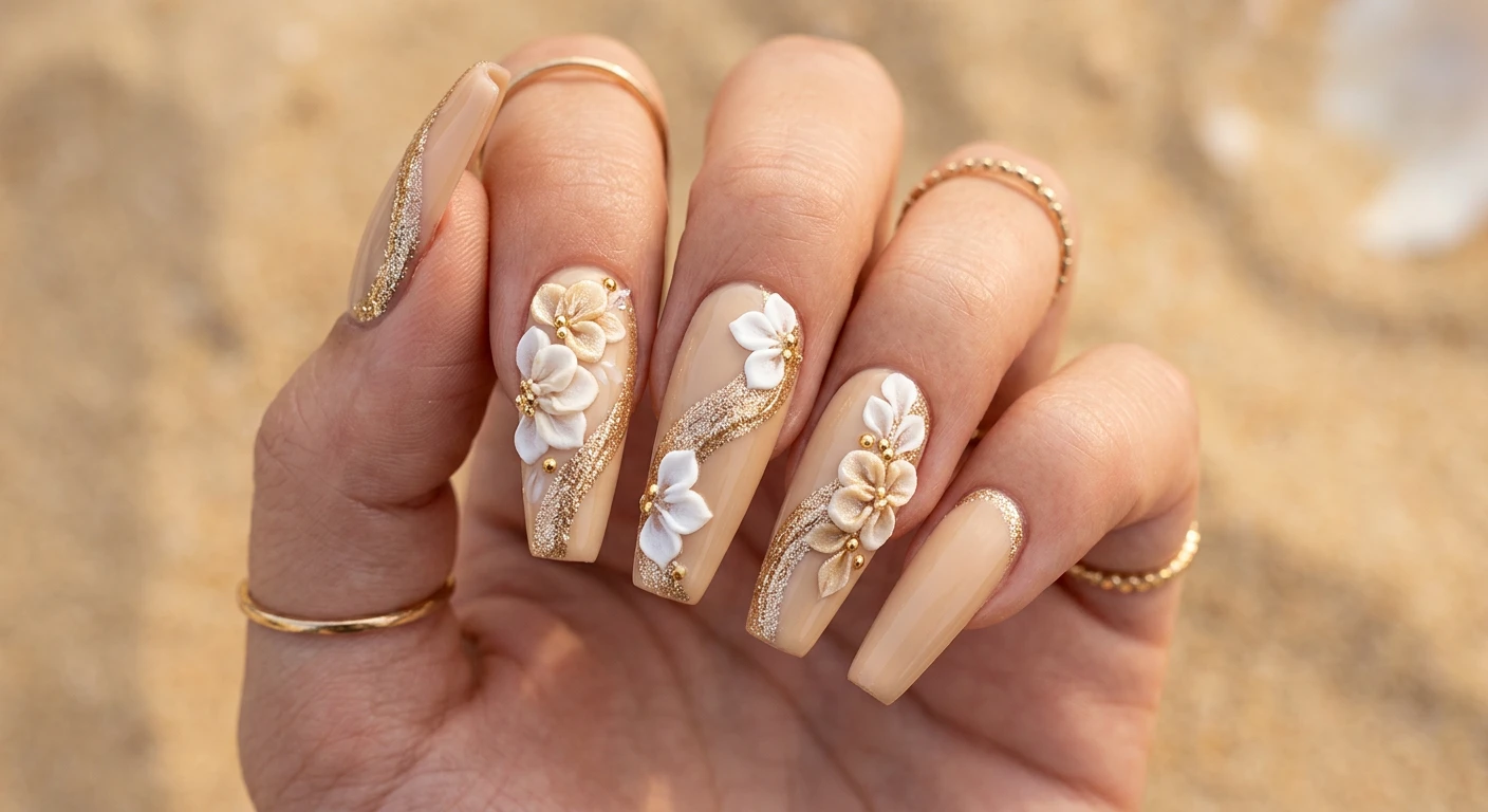 A beautiful macro photograph of one hand showing an elegant nail design in detail. Medium-length coffin nails with an opaque, warm sand-colored base. Thick, textured champagne-gold stripes curve diagonally across the index, middle, and ring fingers, connecting visually when the fingers are held side-by-side. Along this golden path rest large 3D sculpted blooms in shades of soft white and champagne. High-resolution, sharp focus on the nails. Aesthetic background of blurred, fine warm sand and soft glowing light. Modern, Instagram-worthy photography style. No faces visible, focus ONLY on the nails and hand., macro nail photography, high quality, Instagram-worthy, clean composition