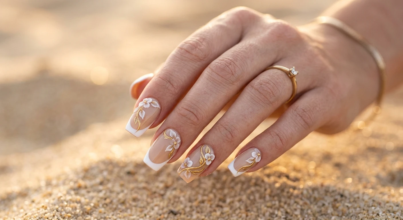 A beautiful macro photograph of one hand showing a nail design in detail: a sandy beige base with modern French tips, accented by subtle 3D floral textures and intricate, metallic golden vines sweeping across the nail beds. High-resolution, sharp focus on the nails. The hand rests over an aesthetic, out-of-focus background of fine, warm-toned sand bathed in golden hour light. Modern, Instagram-worthy photography style. No faces visible, focus ONLY on the nails and hand., macro nail photography, high quality, Instagram-worthy, clean composition