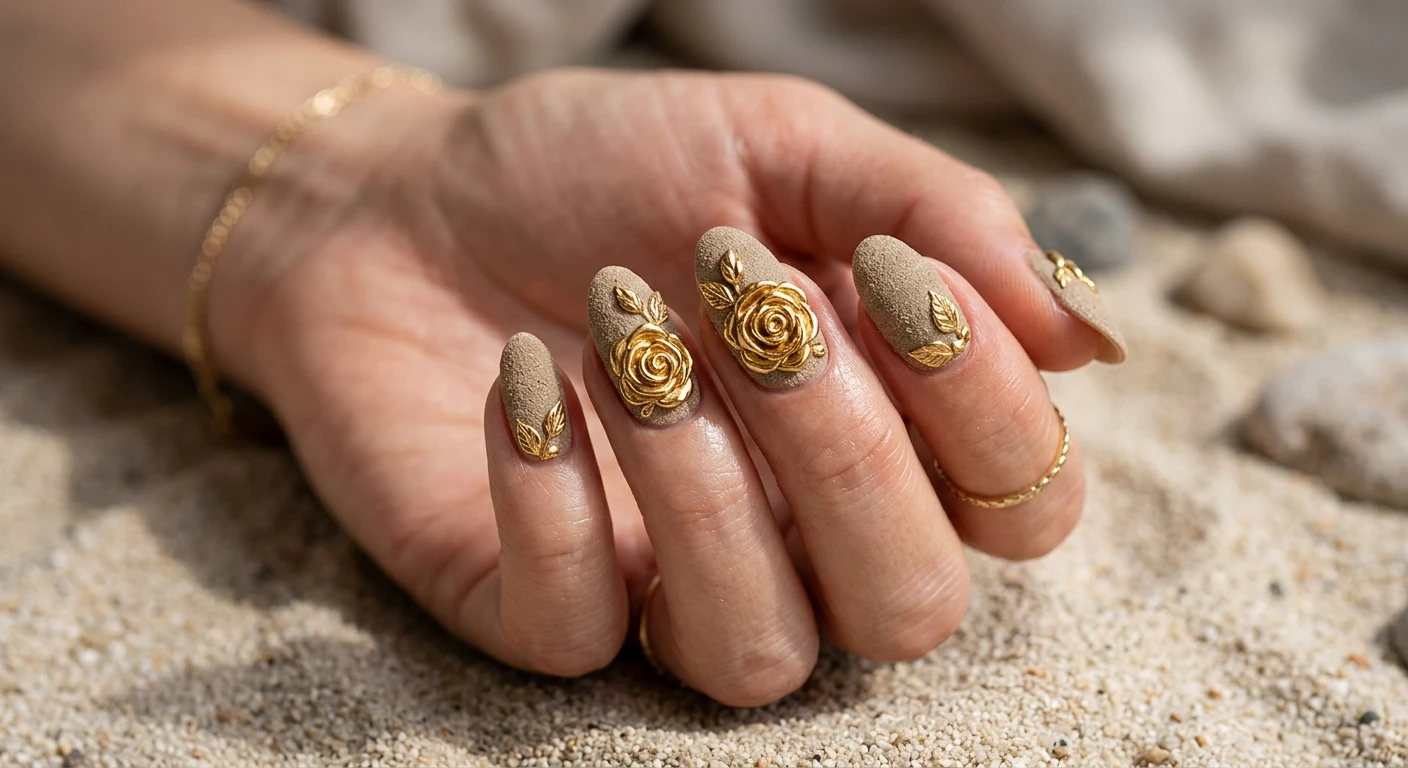 A beautiful macro photograph of one hand showing a striking sandy matte canvas nail design with 3D gilded roses. The nails feature an earthy, textured sandy matte beige finish balanced beautifully by extravagant, mirror-like sculpted gold roses. High-resolution, sharp focus ONLY on the nails and hand, no faces visible. Modern, Instagram-worthy photography style. Aesthetic background featuring blurred fine neutral sand and soft contrasting shadows., macro nail photography, high quality, Instagram-worthy, clean composition