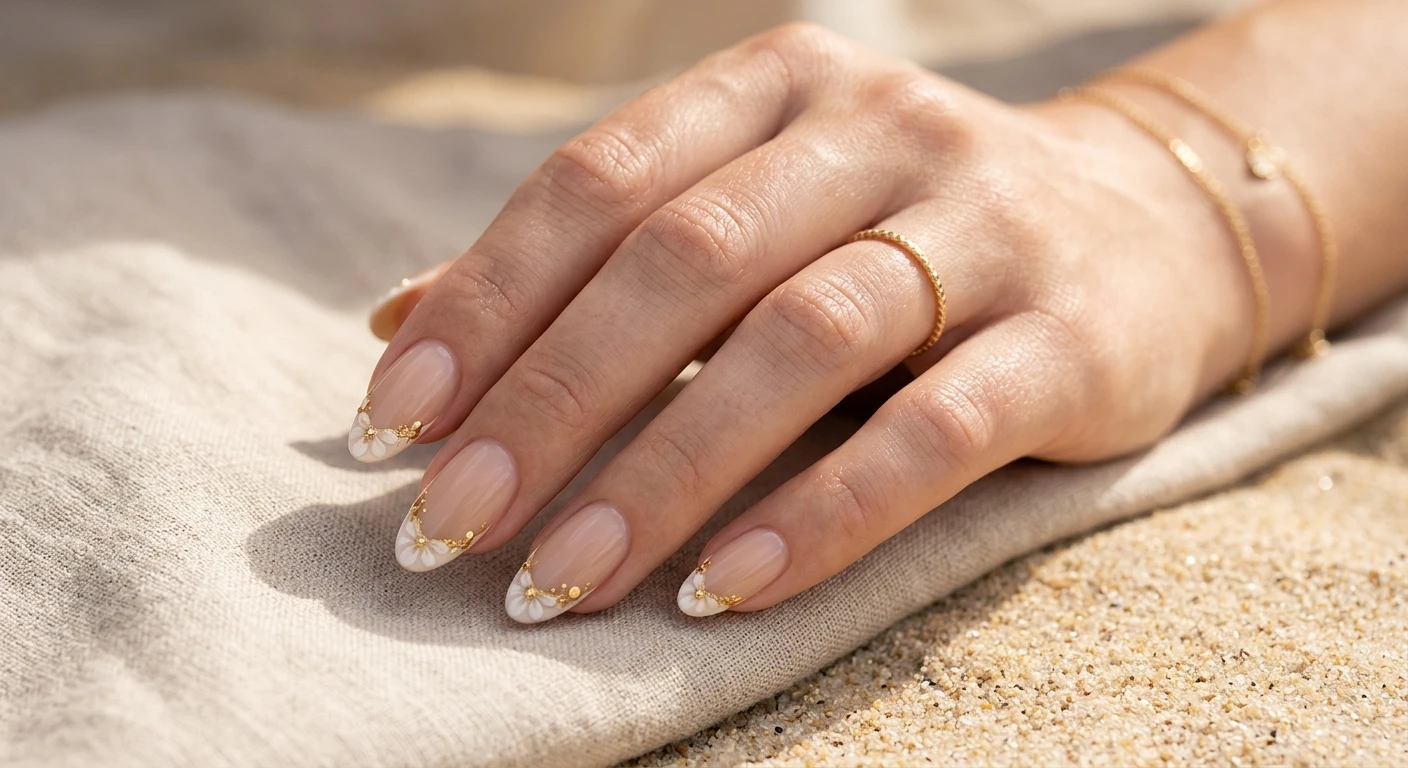 A beautiful macro photograph of one hand showing a nail design in detail, featuring a sheer, glassy sand-toned gel creating an elongated nail bed on sleek, sharply filed nails, accented with elegant micro-petal French tips and gilded gold details. High-resolution, sharp focus on the nails. Aesthetic warm, sunlit fine sand and soft linen background. Modern, Instagram-worthy photography style. No faces visible, focus ONLY on the nails and hand., macro nail photography, high quality, Instagram-worthy, clean composition