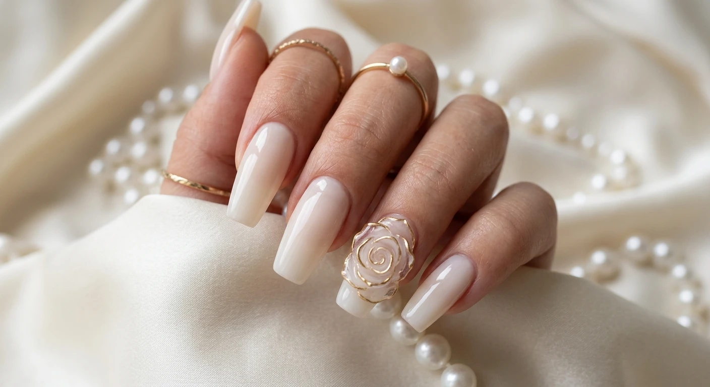 A beautiful macro photograph of one hand showing an elegant nail design in detail, featuring medium coffin-shaped nails with a high-gloss, semi-sheer milky cream base. The accent finger highlights a single, large-scale 3D blooming rose formed from slightly translucent sculpting gel for a glassy, ethereal effect, with delicate gold details rimming the outer edges of each petal. High-resolution, sharp focus on the nails. Modern, Instagram-worthy photography style. The aesthetic background consists of draped creamy silk and soft pearls. No faces visible, focus ONLY on the nails and hand., macro nail photography, high quality, Instagram-worthy, clean composition
