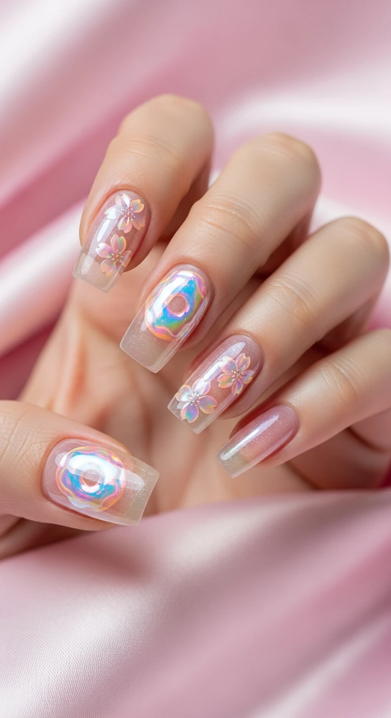 A beautiful macro photograph of one hand showing a glazed chrome and blush blossom nail design in detail. The nails have a translucent blush pink base topped with a pearlescent "donut" chrome glaze, accented by subtle, iridescent cherry blossom silhouettes. High-resolution, sharp focus on the nails to capture the glowing, light-reflective chrome texture. The aesthetic background features draped light pink silk fabric. Modern, Instagram-worthy photography style. No faces visible, focus ONLY on the nails and hand., macro nail photography, high quality, Instagram-worthy, clean composition