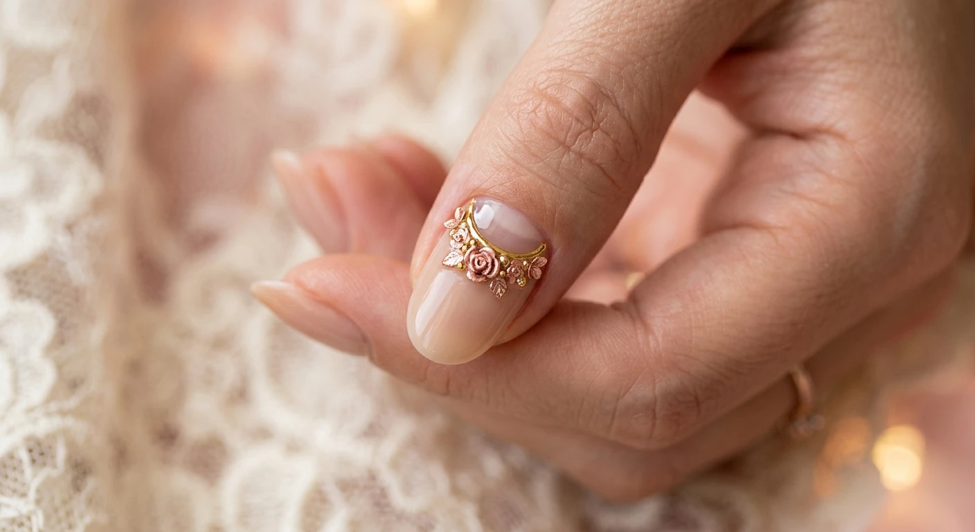A beautiful macro photograph of one hand showing a detailed nail design. High-resolution, sharp focus on the nails featuring a soft, translucent sand-toned base polish with a high-gloss, clear half-moon negative space cutout at the cuticle. The border of the negative space is meticulously outlined in bright, mirror-finish yellow gold and decorated with tiny 3D vintage rose gold floral embellishments. Modern, Instagram-worthy photography style. Aesthetic background featuring blurred vintage lace and soft rose-toned bokeh. No faces visible, focus ONLY on the nails and hand., macro nail photography, high quality, Instagram-worthy, clean composition