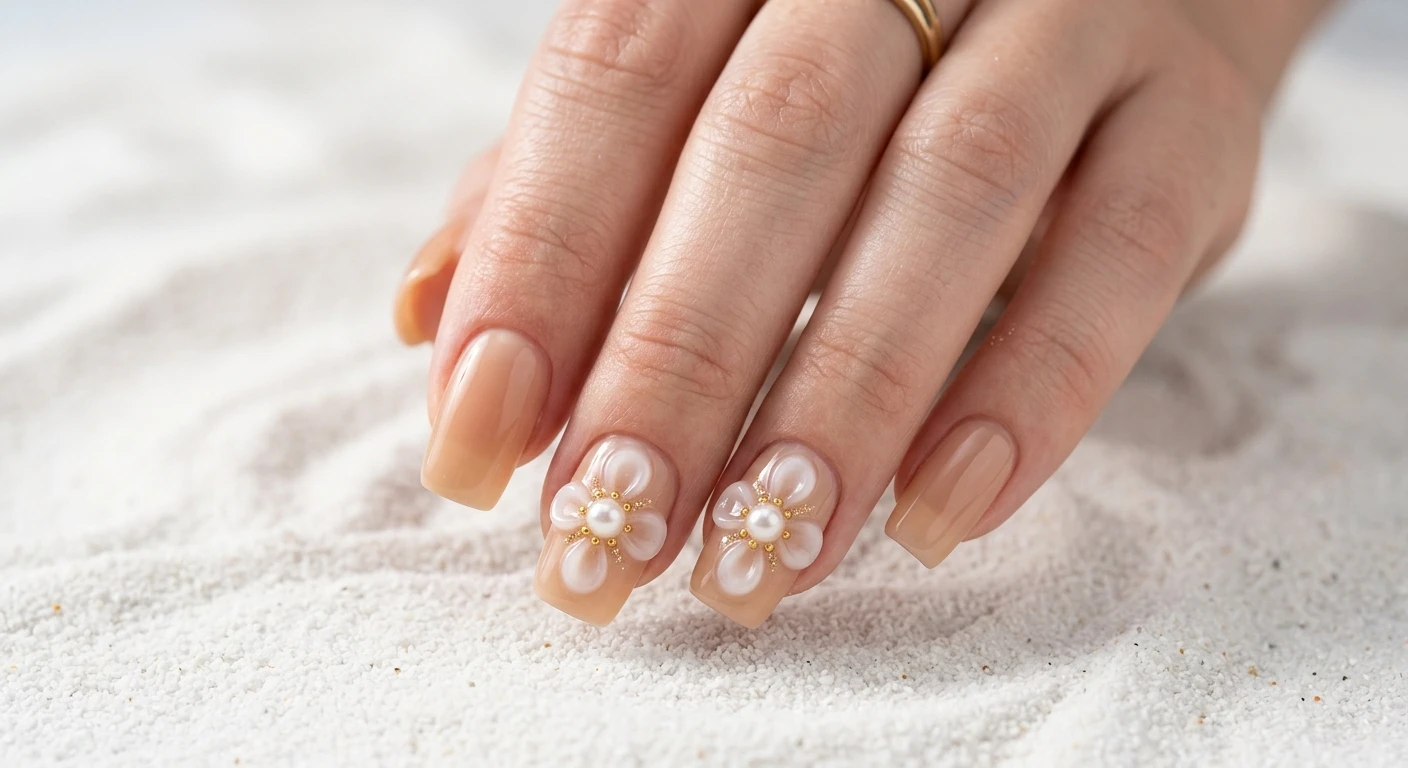 A beautiful macro photograph of one hand showing a detailed nail design, featuring medium-length square nails with softened edges, coated in a warm, semi-sheer sand polish. Accent nails display four perfectly symmetrical teardrop-shaped 3D petals made from translucent milky gel, forming an open blossom in the center around a medium-sized pearl. High-resolution, sharp focus on the nails, set against an aesthetic background of fine white sand and gentle, diffused shadows. Modern, Instagram-worthy photography style, no faces visible, focus ONLY on the nails and hand., macro nail photography, high quality, Instagram-worthy, clean composition