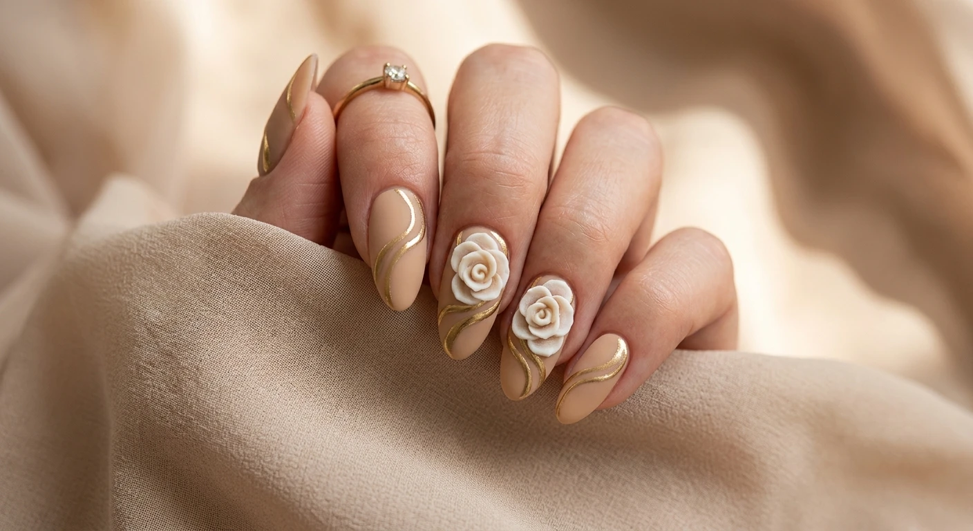 A beautiful macro photograph of one hand showing a nail design in detail, featuring a warm sand-colored gel base with a velvety matte top coat. Elegant, thin metallic gold chrome lines sweep in abstract curves across the nails, with beautifully sculpted, raised 3D white and cream roses sitting directly over the gold lines on the ring and middle fingers. High-resolution, sharp focus on the nails. Modern, Instagram-worthy photography style. Aesthetic background of soft beige chiffon and warm romantic shadows. No faces visible, focus ONLY on the nails and hand., macro nail photography, high quality, Instagram-worthy, clean composition