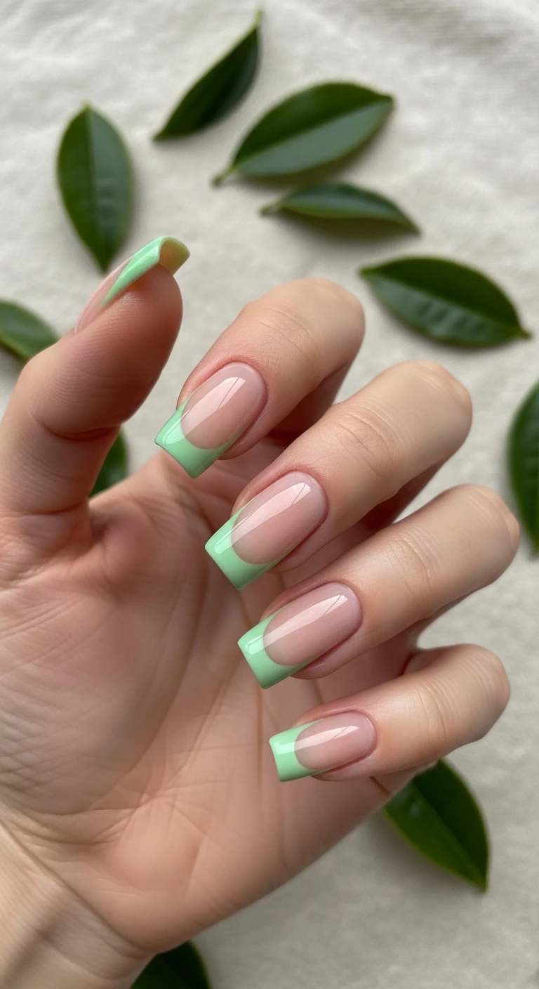 A beautiful macro photograph of one hand showing a nail design in detail, featuring medium-length square nails with softly rounded edges. The manicure consists of a sheer beige base with a crisp, deep French tip in a milky pastel matcha green, sealed with a high-shine glossy finish. The hand rests gracefully over an aesthetic background of soft linen and softly blurred, scattered green tea leaves. High-resolution, sharp focus on the nails, modern, Instagram-worthy photography style. No faces visible, focus ONLY on the nails and hand., macro nail photography, high quality, Instagram-worthy, clean composition