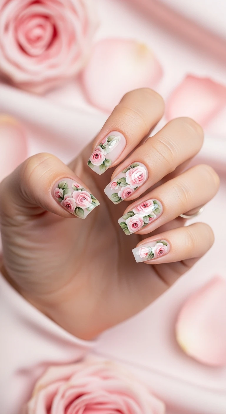 A beautiful macro photograph of one hand showing a soft watercolor rose garden nail design in detail. The nails display a semi-translucent, milky base with delicate, blooming roses painted in a dreamy, blended watercolor style using soft blush pinks and muted greens. High-resolution, sharp focus on the nails. Aesthetic background of draped, light pink silk and softly blurred fresh rose petals. Modern, Instagram-worthy photography style. No faces visible, focus ONLY on the nails and hand., macro nail photography, high quality, Instagram-worthy, clean composition