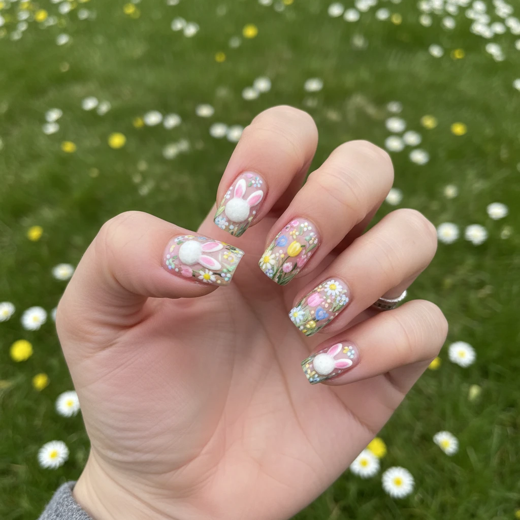 A beautiful macro photograph of one hand showing a detailed nail design featuring hand-painted spring floral meadows and textured, fluffy 3D white bunny tails. High-resolution, sharp focus on the nails. Aesthetic background of soft, out-of-focus fresh green grass and tiny spring daisies. Modern, Instagram-worthy photography style. No faces visible, focus ONLY on the nails and hand., macro nail photography, high quality, Instagram-worthy, clean composition