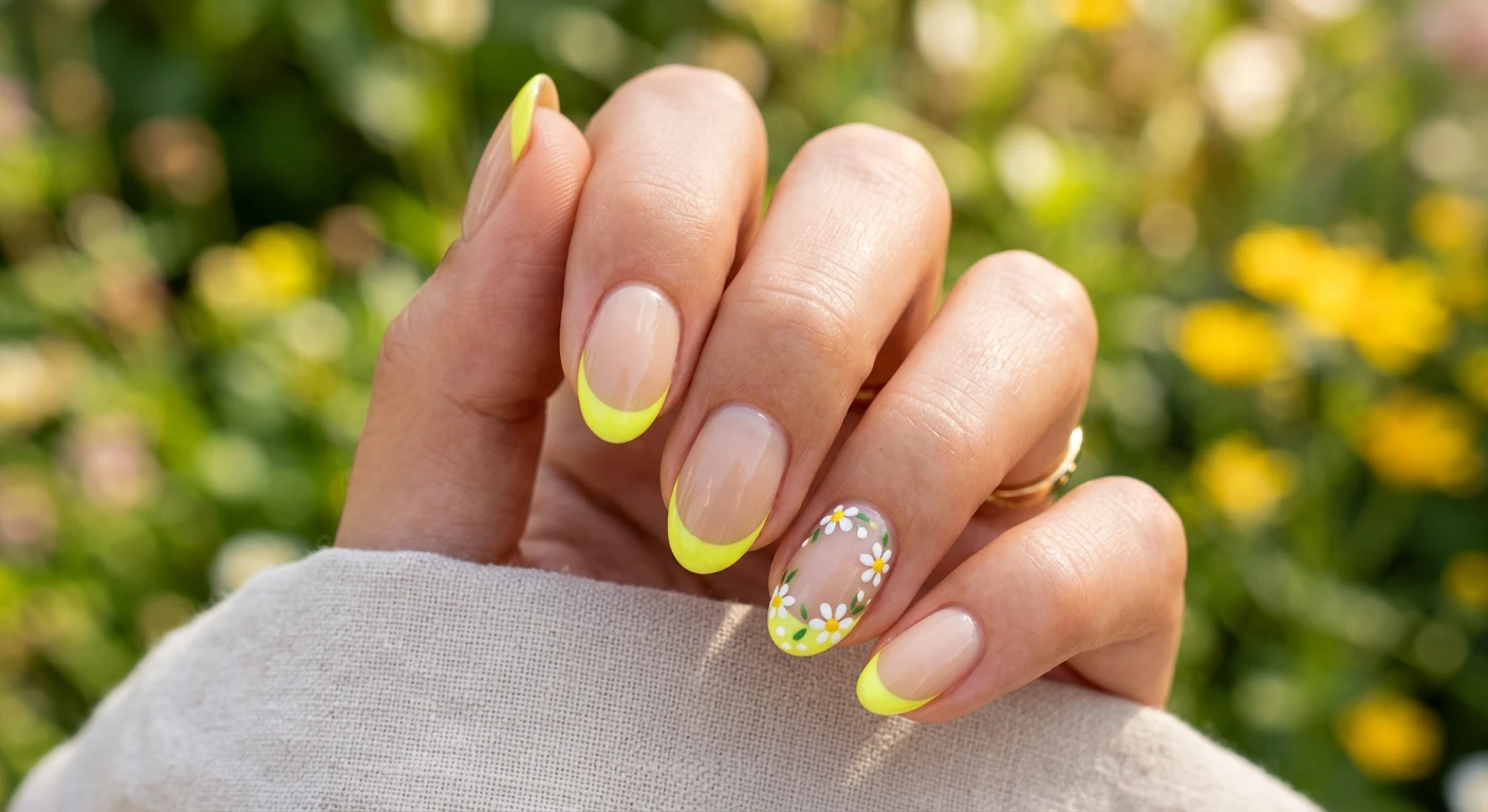 A beautiful macro photograph of one hand showing a detailed nail design. The manicure features a sheer beige base with bright, neon lemon-yellow French tips, adorned with tiny, delicate white daisy floral accents painted along the smile line of the ring finger. High-resolution, sharp focus on the nails. The aesthetic background consists of a blurred, sunlit summer garden with soft greenery. Modern, Instagram-worthy photography style. No faces visible, focus ONLY on the nails and hand., macro nail photography, high quality, Instagram-worthy, clean composition