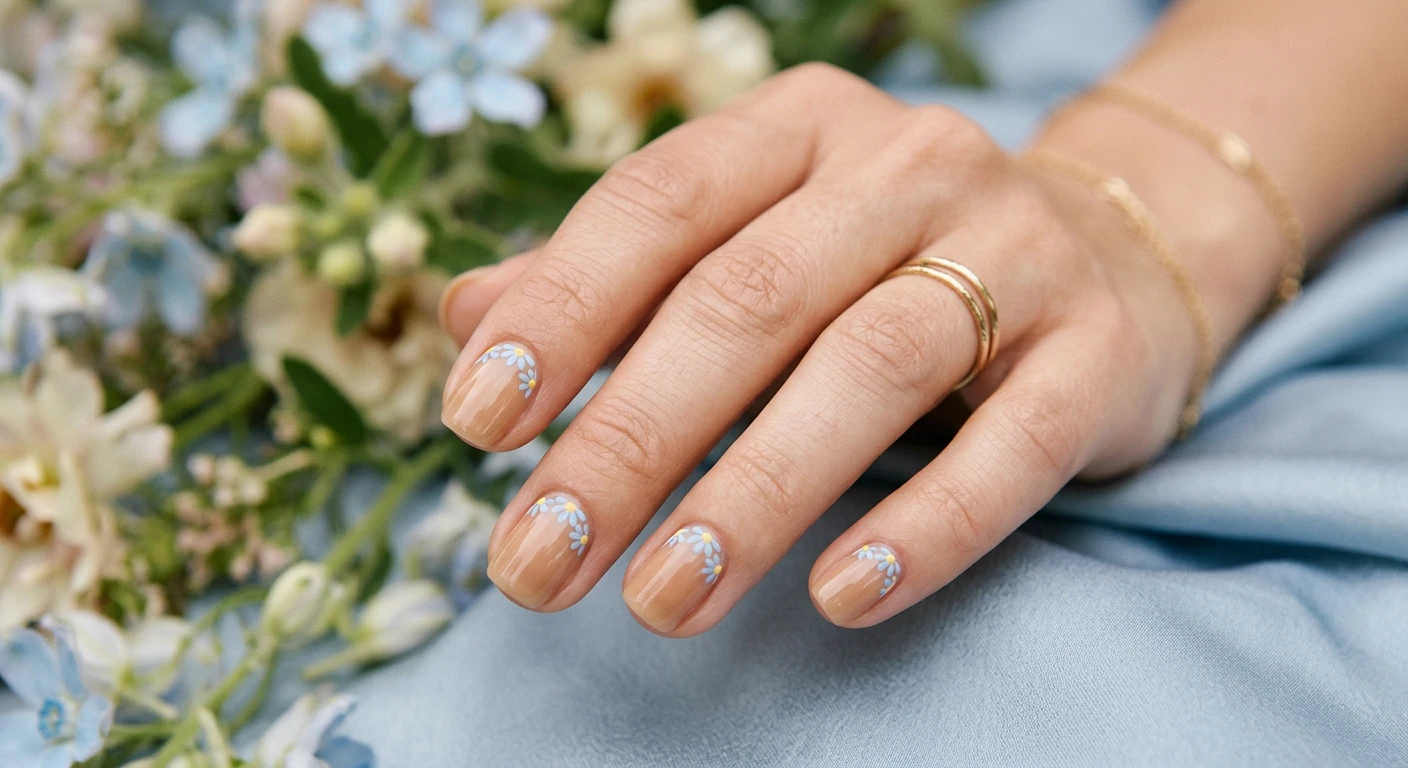 A beautiful macro photograph of one hand showing a nail design in detail, featuring short, neat squoval-shaped nails. The base is a highly translucent, sheer tan polish, with a delicate row of half-daisies hugging the bottom curve of the cuticle on every nail, featuring soft, dusty light blue petals. High-resolution, sharp focus on the nails. Aesthetic background of blurred spring wildflowers and pale blue silk. Modern, Instagram-worthy photography style. No faces visible, focus ONLY on the nails and hand., macro nail photography, high quality, Instagram-worthy, clean composition