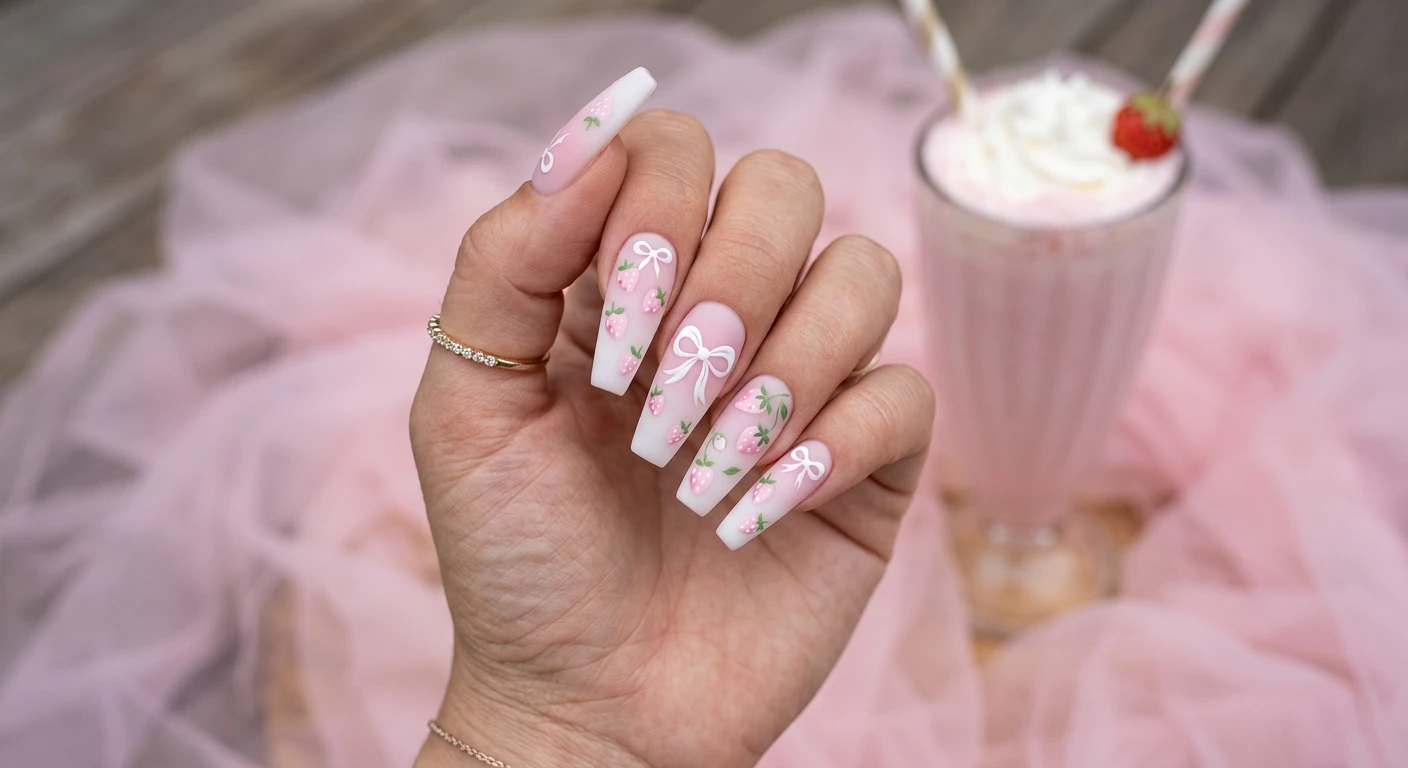 A beautiful macro photograph of one hand showing a nail design in detail, featuring long coffin shaped nails with a milky white and pastel pink ombre base. The tips are decorated with tiny, hand-drawn pastel pink strawberries with mint green leaves, complemented by small white painted bows and a smooth matte velvet finish top coat. High-resolution, sharp focus on the nails. Aesthetic background of a frothy pastel pink milkshake and soft tulle fabric. Modern, Instagram-worthy photography style. No faces visible, focus solely on the nails and hand., macro nail photography, high quality, Instagram-worthy, clean composition