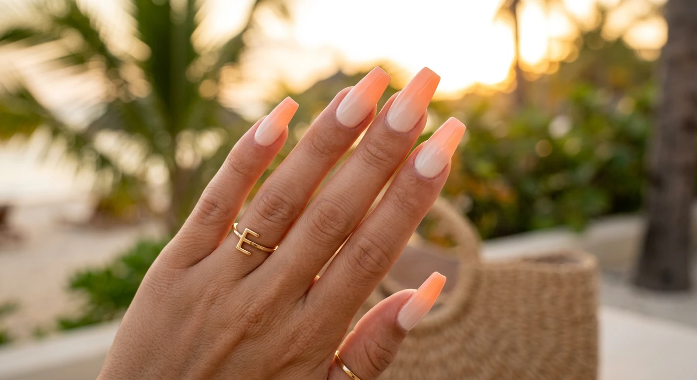 A beautiful macro photograph of one hand showing a nail design in detail, displaying coffin-shaped acrylic nails with a smooth gradient ombré transition from a solid cream color at the cuticle down to a vibrant, warm soft peach at the tips, finished with a high-shine glossy topcoat. High-resolution, sharp focus on the nails, illuminated by warm, aesthetic golden hour sunset lighting with a blurred tropical background. Modern, Instagram-worthy photography style, no faces visible, focus only on the nails and hand., macro nail photography, high quality, Instagram-worthy, clean composition