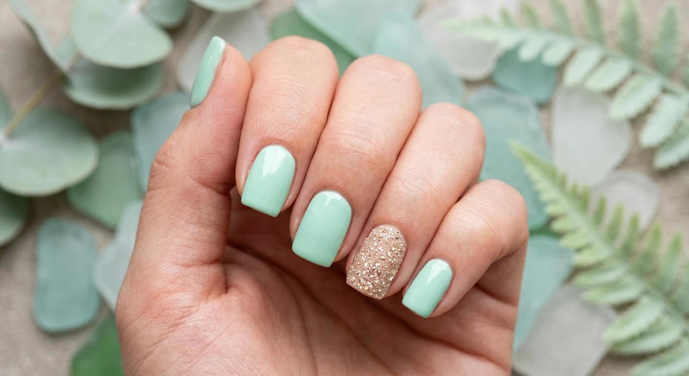 A beautiful macro photograph of one hand showing a flawless nail design in detail, no faces visible. Short, neat square nails coated in a light, creamy mint green solid gel polish. The ring finger is a textured accent nail featuring a warm beige base generously coated in unsealed, densely packed champagne sugar glitter, creating a striking matte-sparkle contrast. High-resolution, sharp focus on the nails. Modern, Instagram-worthy photography style, set against an aesthetic background of frosted sea glass and soft pastel greenery., macro nail photography, high quality, Instagram-worthy, clean composition