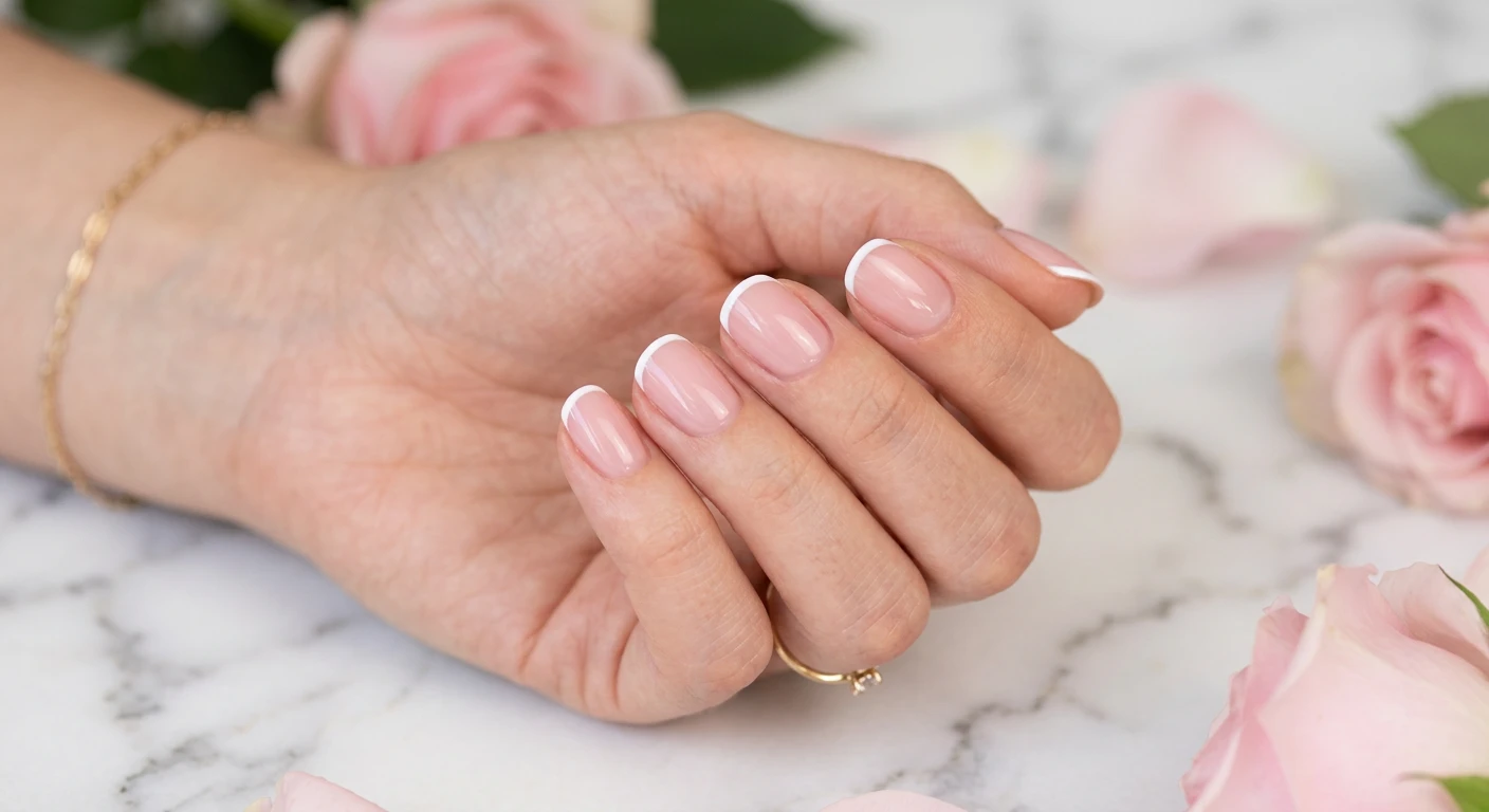 A beautiful macro photograph of one hand showing a nail design in detail, featuring a glossy, see-through blush-pink base with a precise, razor-thin white line painted strictly along the very top of the free edge for a subtle micro-French tip. High-resolution, sharp focus on the nails. The aesthetic background is a clean white marble surface with subtly blurred pink rose petals. Modern, Instagram-worthy photography style. No faces visible, focus ONLY on the nails and hand., macro nail photography, high quality, Instagram-worthy, clean composition