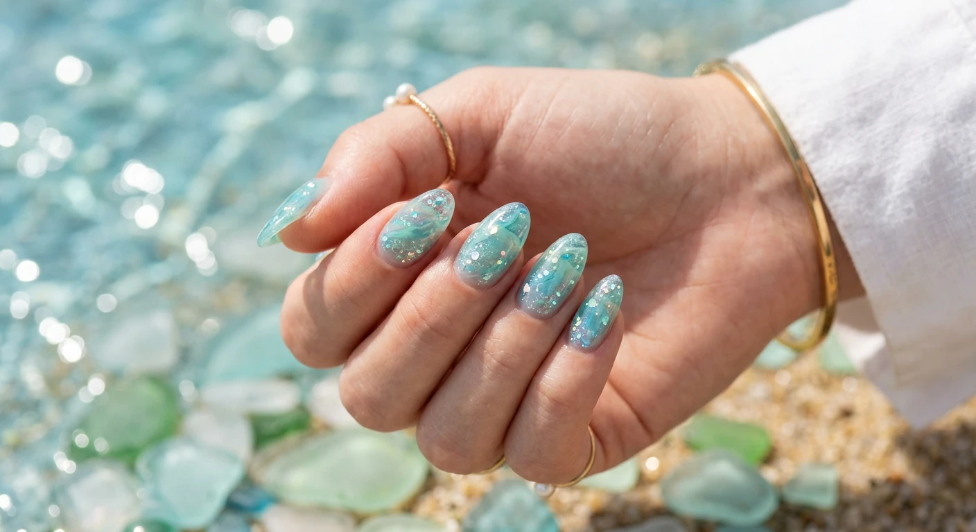 A beautiful macro photograph of one hand showing an Ocean Glass Jelly nail design in detail. The nails boast a completely translucent, glass-like base of layered aqua blue and seafoam green jelly polishes swirled into a subtle water-marble effect. Encapsulated deep within the sheer jelly layers are scattered tiny holographic silver glitters and iridescent flakes. High-resolution, sharp focus on the nails. The aesthetic background features softly out-of-focus sparkling ocean water and sea glass. Modern, Instagram-worthy photography style. No faces visible, focus ONLY on the nails and hand., macro nail photography, high quality, Instagram-worthy, clean composition