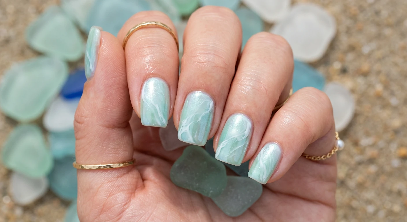 A beautiful macro photograph of one hand showing a nail design in detail. Short square nails with rounded edges feature a translucent mint green and soft teal base coated in an iridescent, pearlescent chrome shimmer finish. Delicate, milky white marbling gently swirls across the ultra-glossy surface to mimic soft seafoam. The background is an aesthetic, soft-focus arrangement of smooth sea glass and wet light sand. High-resolution, sharp focus on the nails, modern Instagram-worthy photography style, no faces visible., macro nail photography, high quality, Instagram-worthy, clean composition