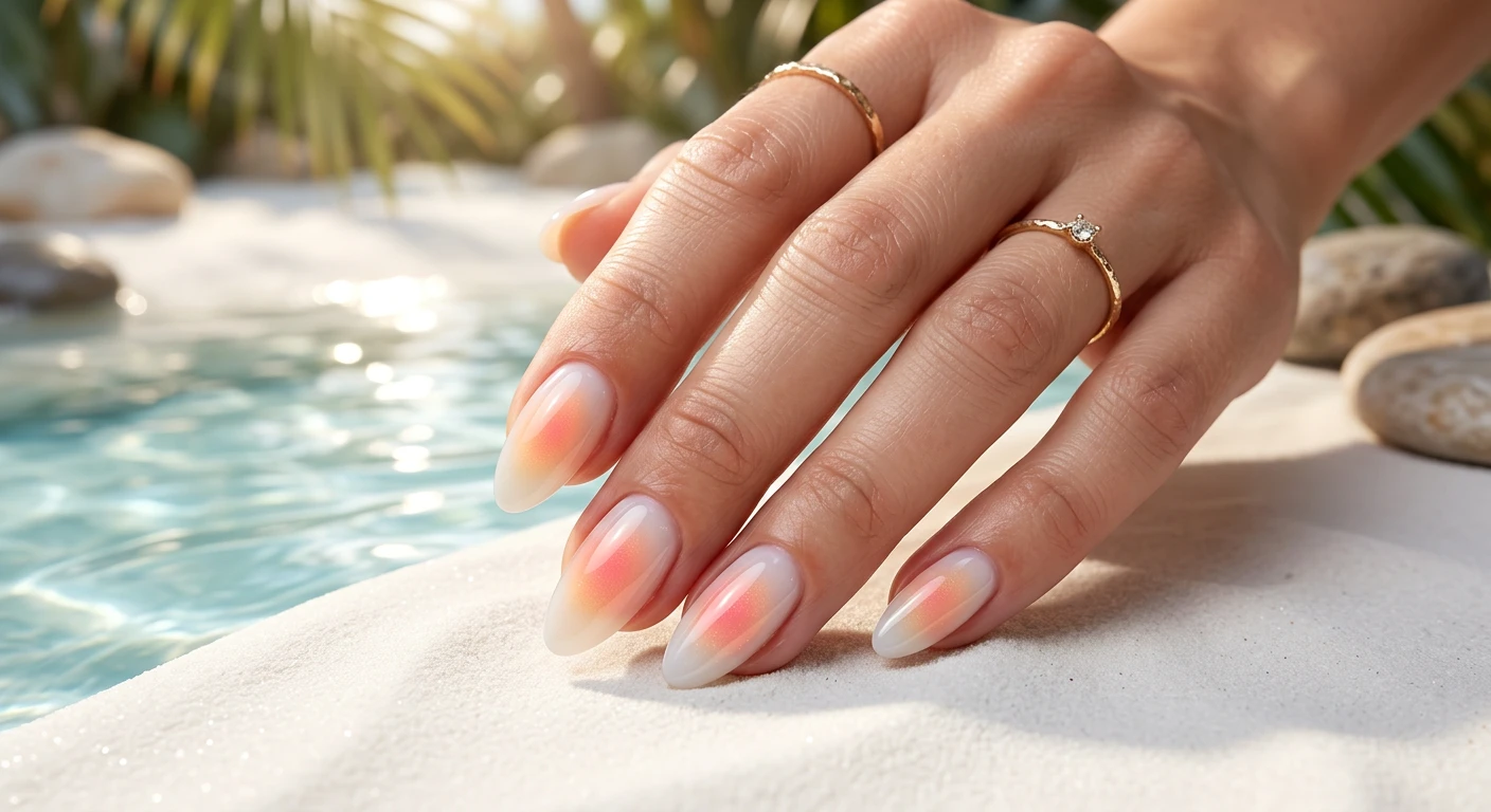 A beautiful macro photograph of one hand showing a Milky Malibu Aura nail design in detail, featuring a translucent milky white base with a soft, glowing, gradient aura effect in the center of each nail. High-resolution, sharp focus on the nails. Aesthetic background of blurred crystal-clear pool water and bright white sand. Modern, Instagram-worthy photography style. No faces visible, focus ONLY on the nails and hand., macro nail photography, high quality, Instagram-worthy, clean composition