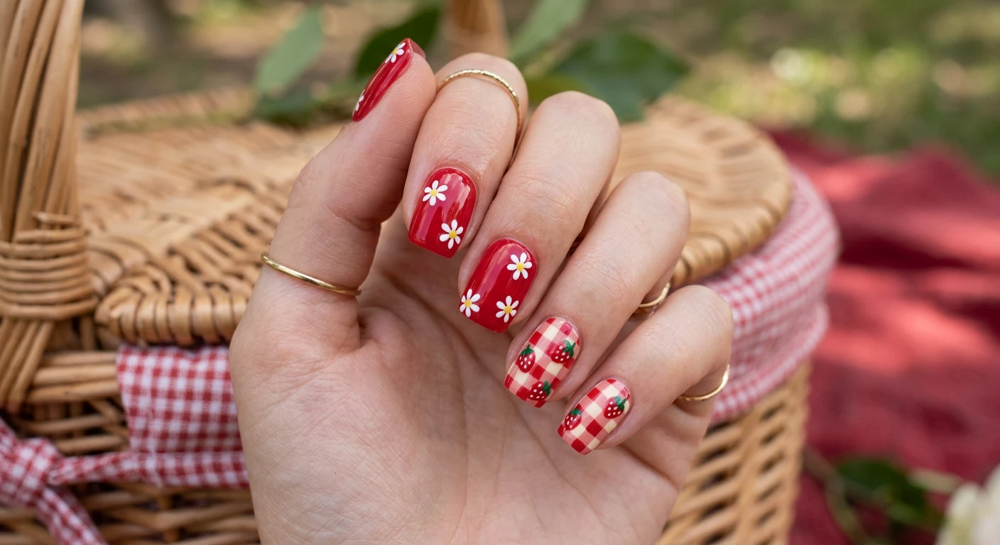 A beautiful macro photograph of one hand showing a nail design in detail. Short, neat square nails featuring a mix-and-match aesthetic. Two accent nails feature a precise red and soft cream gingham checkerboard base with tiny, realistic glossy red strawberries painted on top. The remaining nails have a solid cherry red base, adorned with dainty white daisy decals. High-resolution, sharp focus on the nails. Aesthetic background of a woven picnic basket and a subtle red gingham blanket. Modern, Instagram-worthy photography style. No faces visible, focus ONLY on the nails and hand., macro nail photography, high quality, Instagram-worthy, clean composition