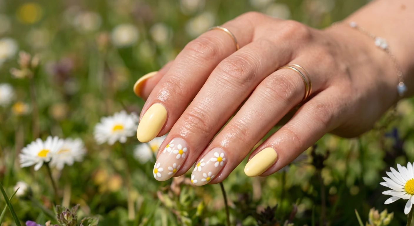 A beautiful macro photograph of one hand showing a nail design in detail. Medium oval shape nails with an alternating pattern: two nails feature a solid, creamy butter yellow polish, while three nails have a translucent milky cream base decorated with scattered small daisy flowers. The daisies have perfectly round, opaque white petals and bright butter yellow center dots. Aesthetic background featuring a soft-focus sunny spring meadow or blurred fresh daisies. High-resolution, sharp focus on the nails, modern Instagram-worthy photography style, no faces visible, focus ONLY on the nails and hand., macro nail photography, high quality, Instagram-worthy, clean composition