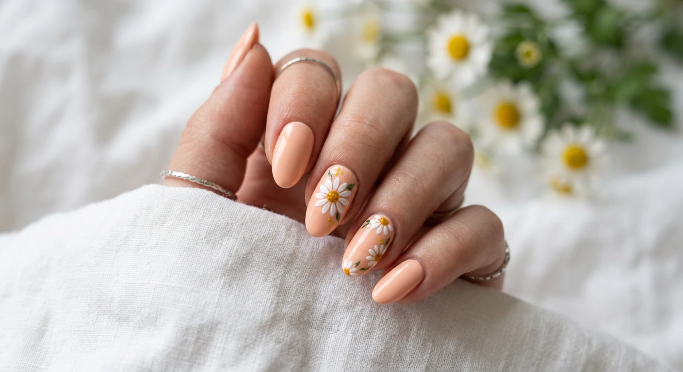 A beautiful macro photograph of one hand showing a nail design in detail, featuring a solid, opaque pastel peach base. The ring and middle fingers showcase minimalist, tiny hand-painted daisies with crisp white petals and golden-yellow centers. High-resolution, sharp focus on the intricate nail art. Aesthetic background of soft white linens and out-of-focus fresh daisy flowers. Modern, Instagram-worthy photography style. No faces visible, focus ONLY on the nails and hand., macro nail photography, high quality, Instagram-worthy, clean composition