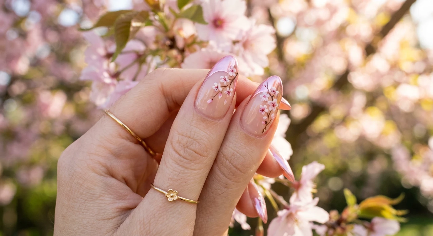 A beautiful macro photograph of one hand showing a Chrome Cherry Blossom Tips nail design in detail. The nails highlight a flawless base with reflective metallic pink chrome French tips, beautifully overlaid with delicate cherry blossom floral art. High-resolution, sharp focus on the nails. The aesthetic background is a dreamy, out-of-focus sakura tree branch bathed in warm sunlight. Modern, Instagram-worthy photography style with an ethereal glow. No faces visible, focus ONLY on the nails and hand., macro nail photography, high quality, Instagram-worthy, clean composition
