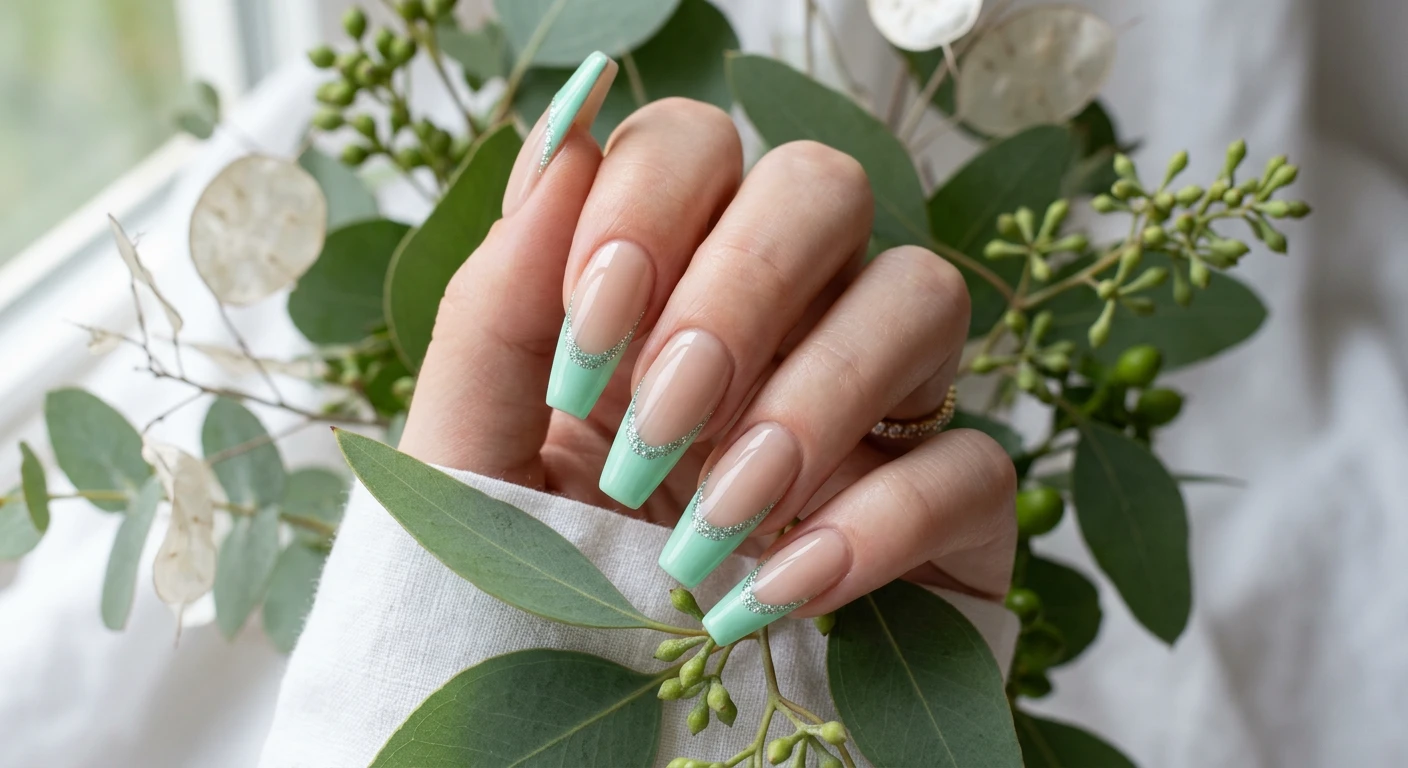 A beautiful macro photograph of one hand showing a mint green French tip nail design in detail. Long coffin-shaped nails. The nail beds are painted in a flawless, sheer sand polish, transitioning into vibrant, crisp mint green tips with a deep sweeping French curve. Right below the mint green smile line is a thin, ultra-precise line of densely packed sugared glitter. High-resolution, sharp focus on the nails. Aesthetic background of fresh eucalyptus leaves and soft white linen. Modern, Instagram-worthy photography style. No faces visible, focus ONLY on the nails and hand., macro nail photography, high quality, Instagram-worthy, clean composition
