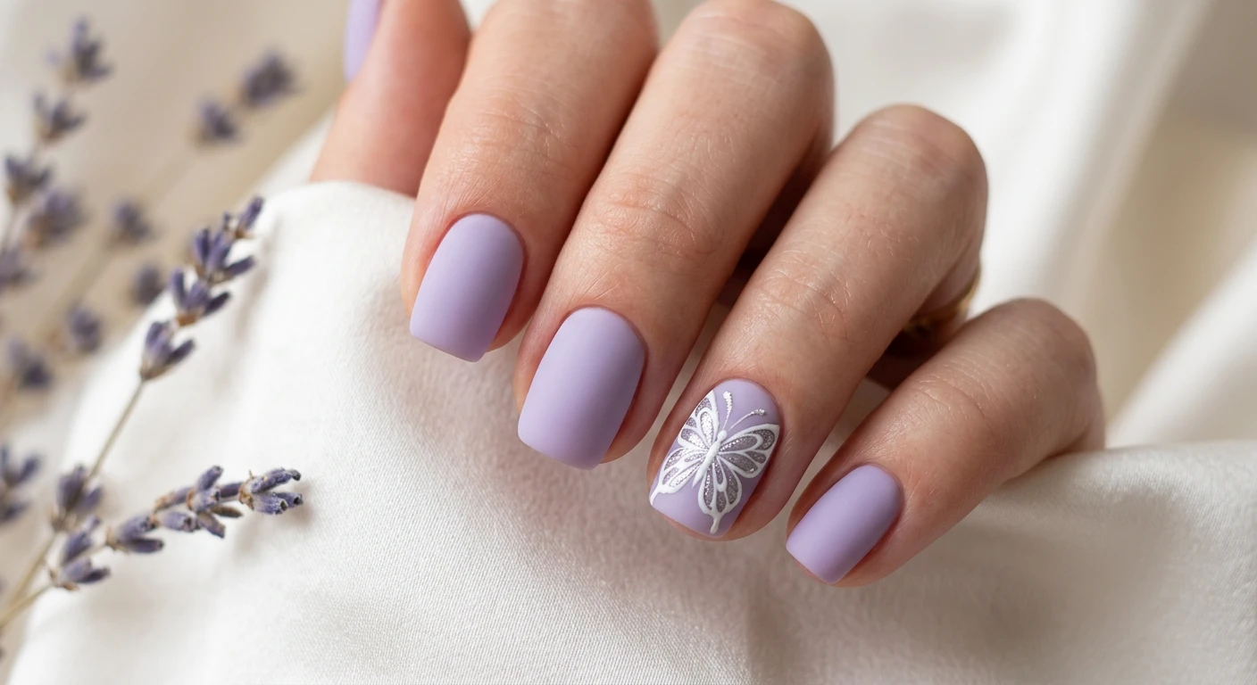 A beautiful macro photograph of one hand showing a nail design in detail, featuring a solid, opaque soft lavender base with a velvety matte finish on short, neat squoval nails. The ring fingers highlight intricate, hand-painted butterfly silhouettes in crisp white and shimmering silver polish. High-resolution, sharp focus on the nails. Aesthetic background of softly folded white silk and delicate dried lavender sprigs. Modern, Instagram-worthy photography style. No faces visible, focus ONLY on the nails and hand., macro nail photography, high quality, Instagram-worthy, clean composition