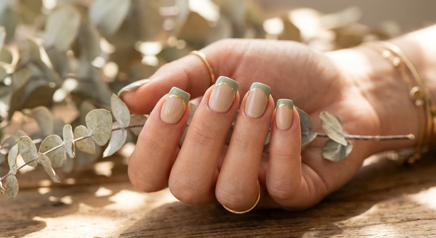 A beautiful macro photograph of one hand showing a nail design in detail, featuring short, classic square nails with a flawless, neutral sand-colored base. The tips are painted in a soft, muted sage green with a crisp, deep French curve, and extremely thin, delicate pieces of crushed gold foil meticulously trace the exact smile line. High-resolution, sharp focus on the nails, set against an aesthetic background of soft, dried eucalyptus leaves and warm, dappled sunlight. Modern, Instagram-worthy photography style. No faces visible, focus ONLY on the nails and hand., macro nail photography, high quality, Instagram-worthy, clean composition