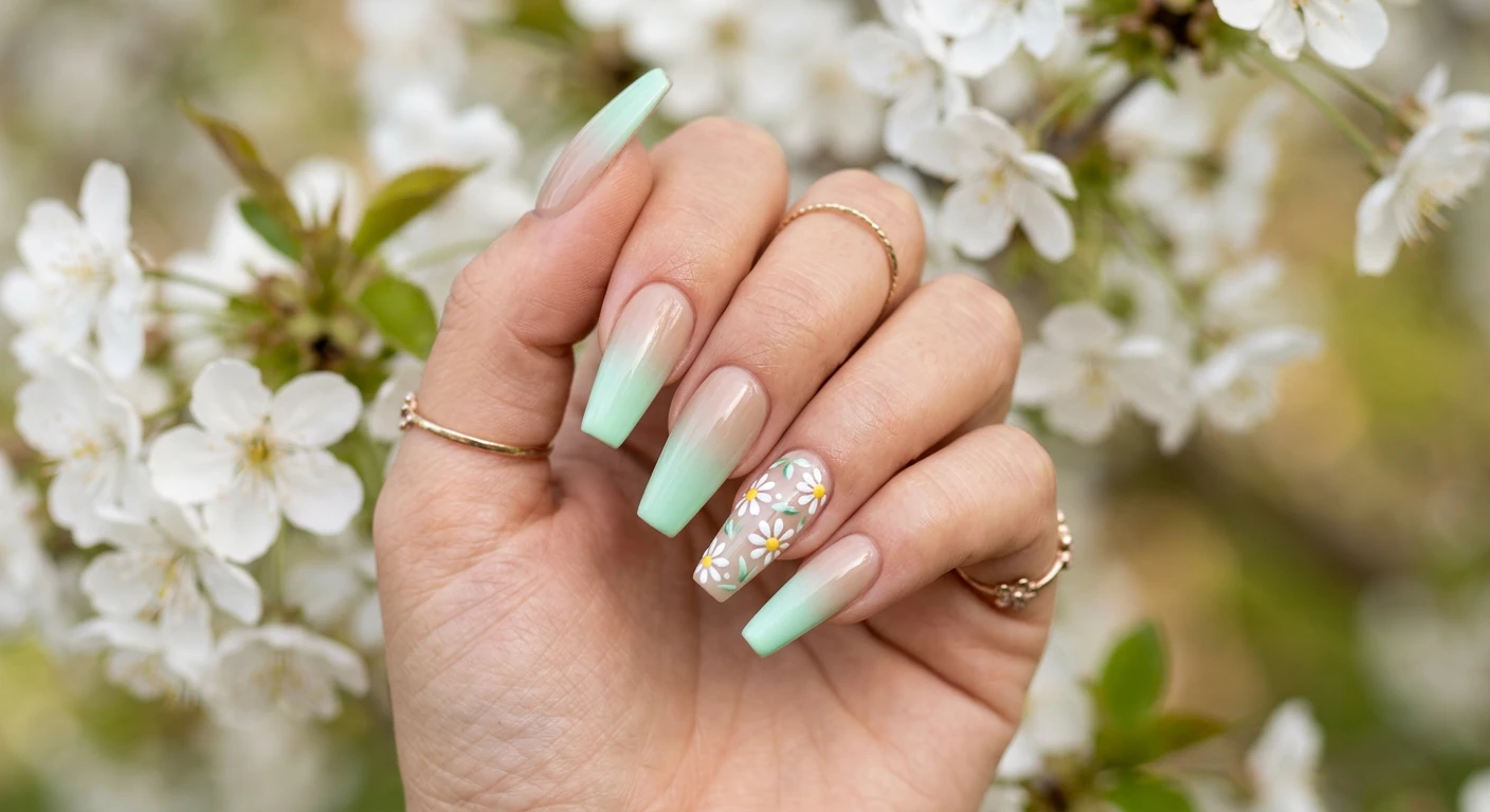 A beautiful macro photograph of one hand showing a nail design in detail, featuring a refreshing spring gradient starting with a cool-toned tan at the cuticle slowly fading into a milky pastel mint green towards the tips. The nails have a long coffin shape with a hyper-glossy, glass-like top coat, and an accent nail featuring tiny, hand-painted white daisies. High-resolution, sharp focus on the nails. Aesthetic background of soft, out-of-focus white spring blossoms and matcha green tones. Modern, Instagram-worthy photography style. No faces visible, focus ONLY on the nails and hand., macro nail photography, high quality, Instagram-worthy, clean composition