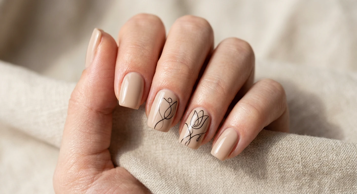 A beautiful macro photograph of one hand showing a nail design in detail, featuring short square nails with a flawless, glossy sand-toned neutral base. Across the ring and middle fingers, a single, continuous, ultra-thin black line sweeps, twists, and loops to form an abstract, graphic tulip petal shape, while the remaining nails are left completely bare. High-resolution, sharp focus on the nails. Modern, Instagram-worthy photography style against an aesthetic minimalist background of soft, sunlit beige linen. No faces visible, focus ONLY on the nails and hand., macro nail photography, high quality, Instagram-worthy, clean composition
