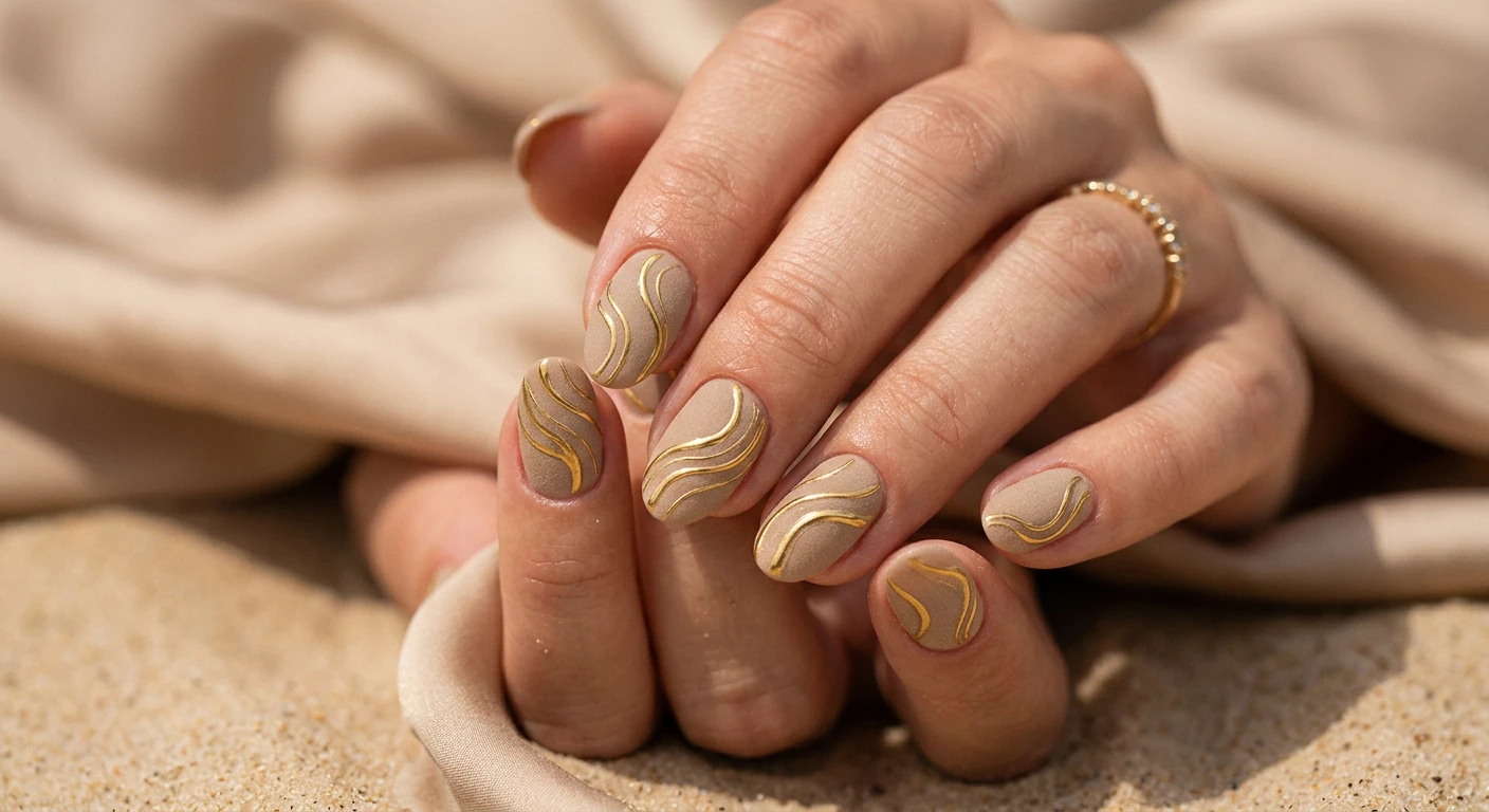 A beautiful macro photograph of one hand showing a detailed nail design, high-resolution and sharp focus on short to medium oval shaped nails. The base is a velvety, completely matte sand-toned polish accented by delicately cascading, ultra-thin, raised minimalist swirls of brilliant yellow-gold metallic chrome. Modern, Instagram-worthy photography style. Aesthetic soft background of smooth, warm sunlit sand or draped beige silk. No faces visible, focus ONLY on the nails and hand., macro nail photography, high quality, Instagram-worthy, clean composition