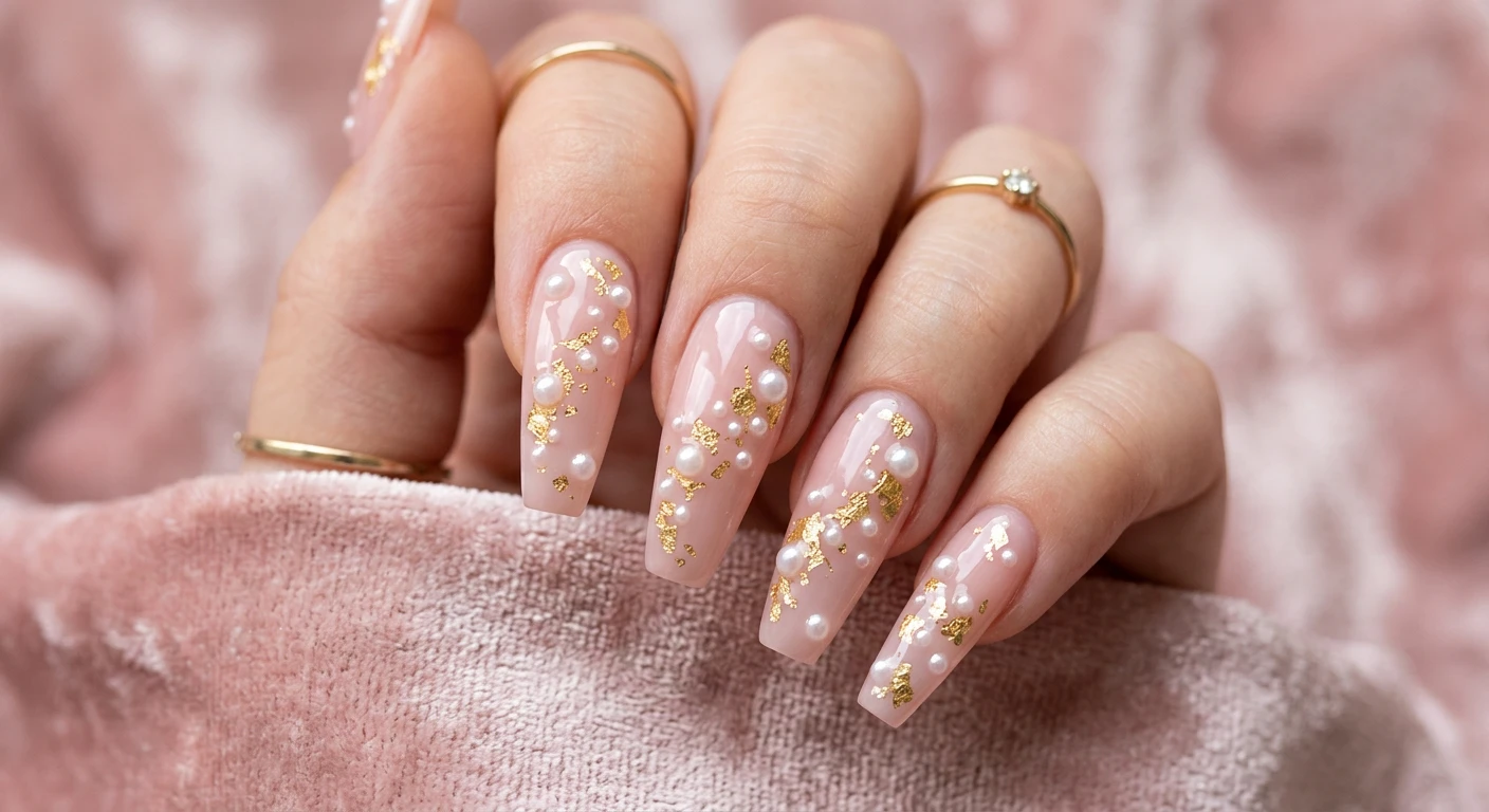 A beautiful macro photograph of one hand showing a nail design in detail, featuring long coffin-shaped nails with a translucent, soft blush-pink base. Tiny, domed white pearls and irregular pieces of ultra-thin gold leaf foil are scattered organically across the nails like a starry galaxy, sealed beneath a thick, glassy top coat. High-resolution, sharp focus on the nails, set against an aesthetic soft blush velvet background. Modern, Instagram-worthy photography style, no faces visible, focus ONLY on the nails and hand., macro nail photography, high quality, Instagram-worthy, clean composition