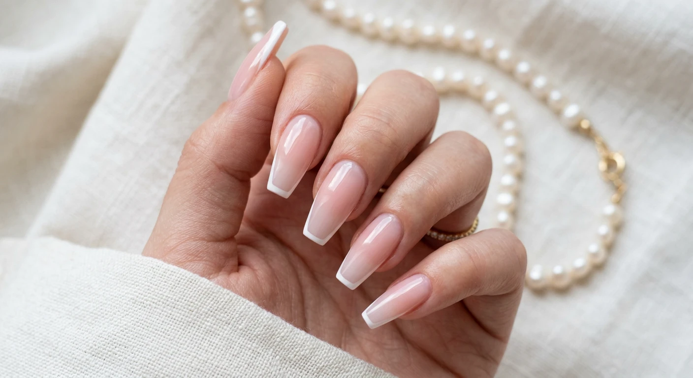 A beautiful macro photograph of one hand showing a nail design in detail, featuring a glossy, creamy bubble bath pink sheer base transitioning flawlessly into crisp, ultra-thin bright white micro French tips at the very edge. Executed on a long, sculpted coffin shape and sealed with a flawless, glassy finish. High-resolution, sharp focus on the nails. Aesthetic background featuring a textured white linen cloth and a softly blurred pearl necklace. Modern, Instagram-worthy photography style. No faces visible, focus ONLY on the nails and hand., macro nail photography, high quality, Instagram-worthy, clean composition