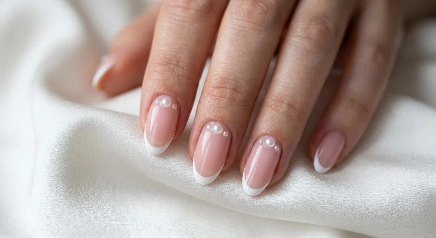 A beautiful macro photograph of one hand showing a Minimalist Pearl Core French nail design in detail. The nails display a flawless, barely-there sheer pink base with crisp, thin, bright white French tips, adorned with three tiny, varying-sized 3D white half-pearls delicately placed right along the smile line. High-resolution, sharp focus on the nails. Aesthetic background of elegantly draped white silk and soft natural light. Modern, Instagram-worthy photography style. No faces visible, focus ONLY on the nails and hand., macro nail photography, high quality, Instagram-worthy, clean composition