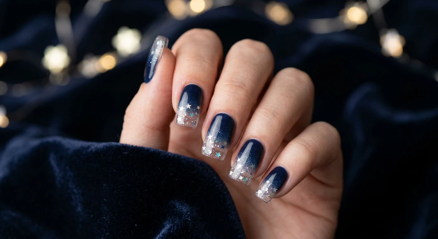 A beautiful macro photograph of one hand showing a nail design in detail, featuring short square-shaped nails. The design shows a deep, rich navy blue heavily concentrated at the cuticle line that seamlessly fades into a completely clear, transparent, glass-like tip deeply embedded with tiny holographic silver stars and iridescent silver micro-glitter particles. Aesthetic moody background of dark velvet and soft, out-of-focus starlight bokeh. High-resolution, sharp focus on the nails, modern Instagram-worthy photography style. No faces visible, focus ONLY on the nails and hand., macro nail photography, high quality, Instagram-worthy, clean composition