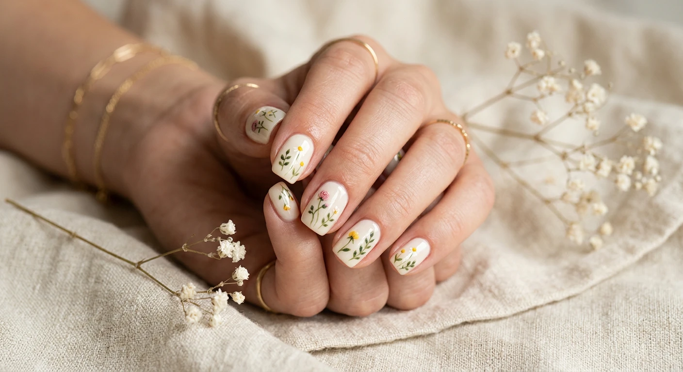 A beautiful macro photograph of one hand showing a chic nail design in detail, featuring minimalist micro-florals with tiny, perfectly placed sprigs of wildflowers painted over a smooth, glossy cream-colored base. High-resolution, sharp focus on the nails. Aesthetic background of clean, neutral linen textured fabric and a single dried stem of baby's breath. Modern, Instagram-worthy photography style. No faces visible, focus ONLY on the nails and hand., macro nail photography, high quality, Instagram-worthy, clean composition
